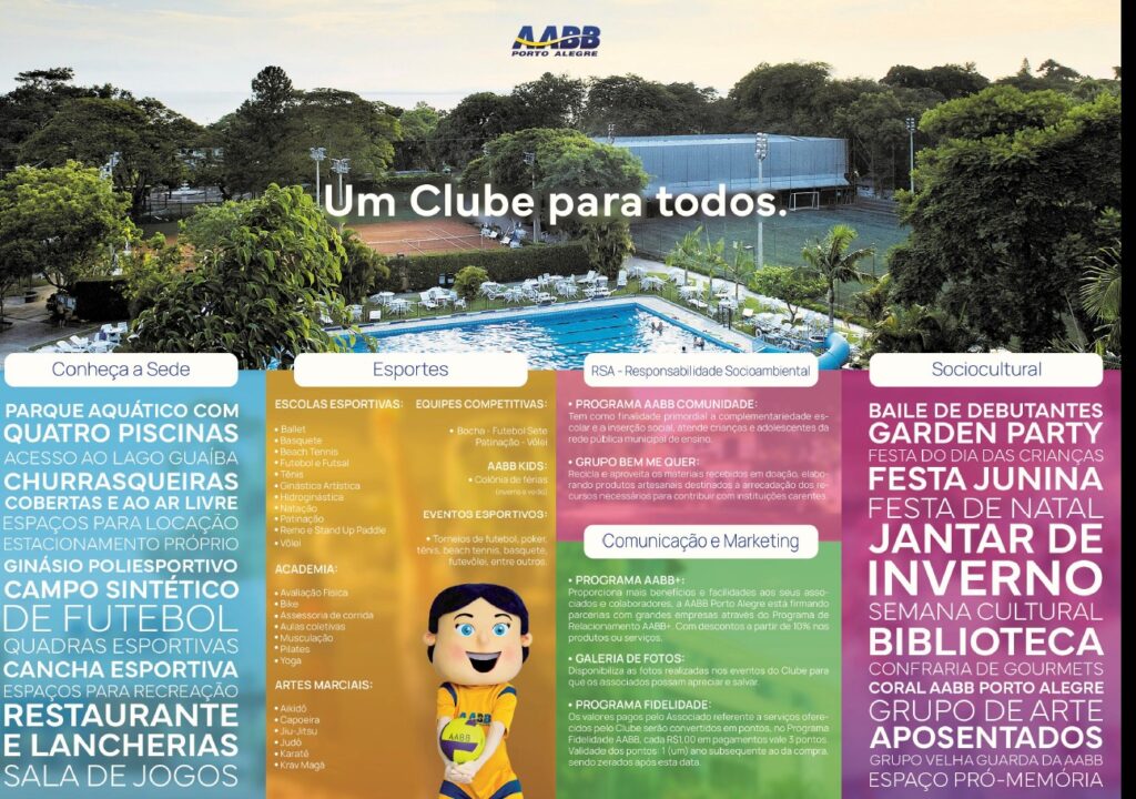 Com infraestrutura completa para oferecer momentos de tranquilidade e melhor qualidade de vida para seus associados, o Clube conta com um leque de opções para momentos de relaxamento, lazer, descontração e integração. Nos contate através do telefone/whatsapp 51 32431000 Ou por e-mail, atendimento@aabbportoalegre.com.br Documentação necessária Cópia da carteira de identidade e CPF do titular Cópia da certidão de nascimento ou RG dos dependentes Cópia da certidão de casamento ou formulário de inclusão de companheiro Cópia do comprovante de residência Cópia do comprovante do vínculo com a entidade conveniada.